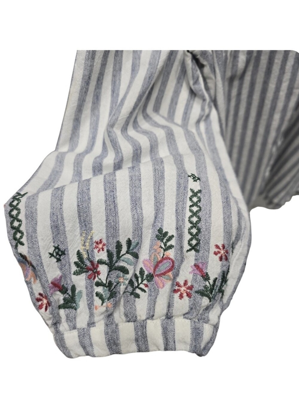 Striped Floral Embroidered Blouse Boho Peasant Cottagecore Coastal M - Picture 4 of 8